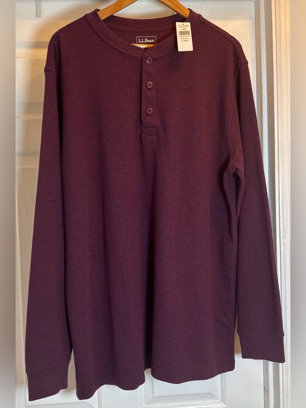 LL Bean Burgundy Mini Waffle Henley Lon Sleeve Shirt Mens Size Large Tall NWT